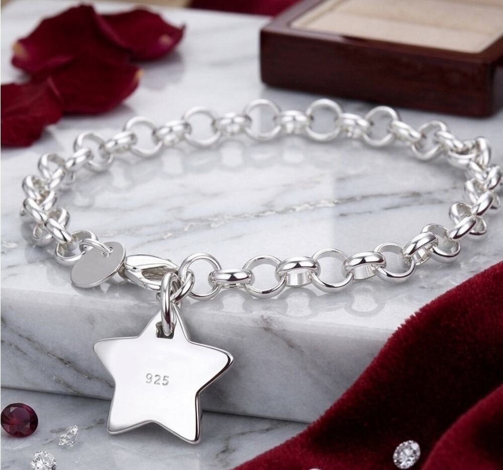 925 Stamp Silver color 8 inches Charms star Bracelets fashion plated